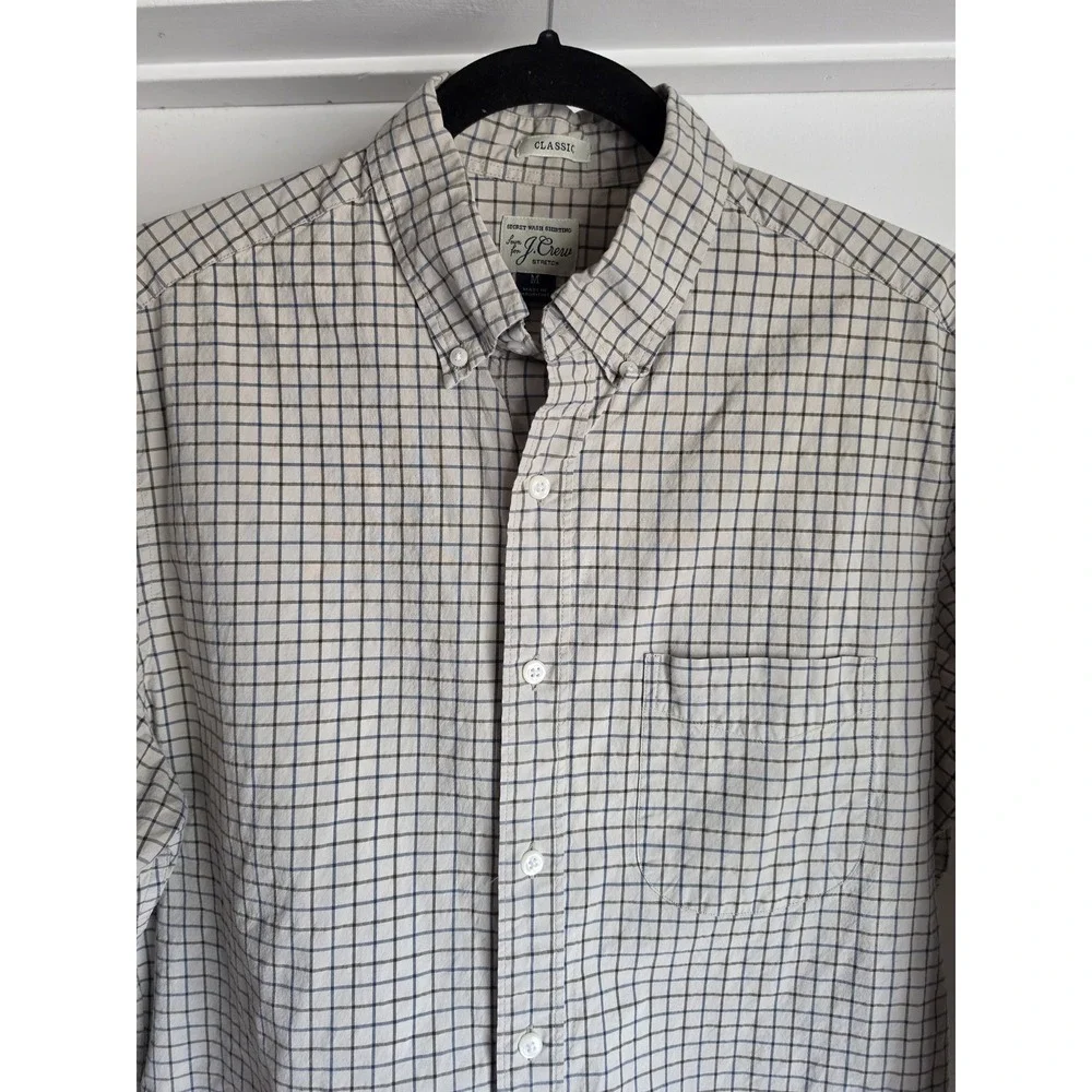 J.Crew Men M Plaid Check Button-Up Long Sleeve Shirt Beige Blue Black Top